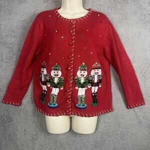 Vintage Tiara International Sweater Womens Medium Red Nutcracker Cardigan 00s